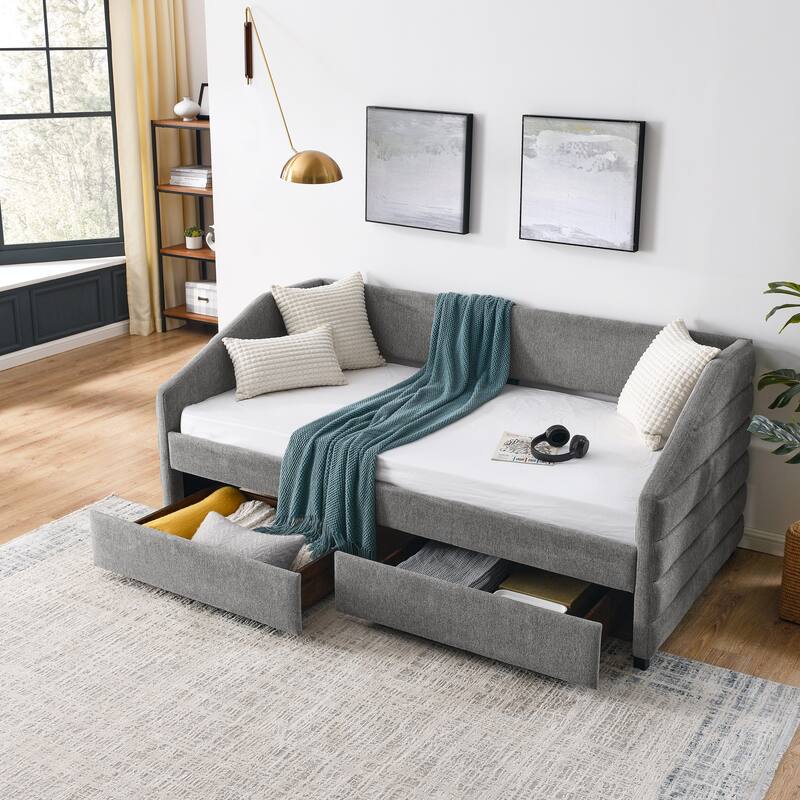 Twin/Full/Queen Size Upholstered Daybed with 2 Drawers, Linen Fabric Upholstered Sofa Bed, Wheeled Storage Daybed w/ Wood Frame