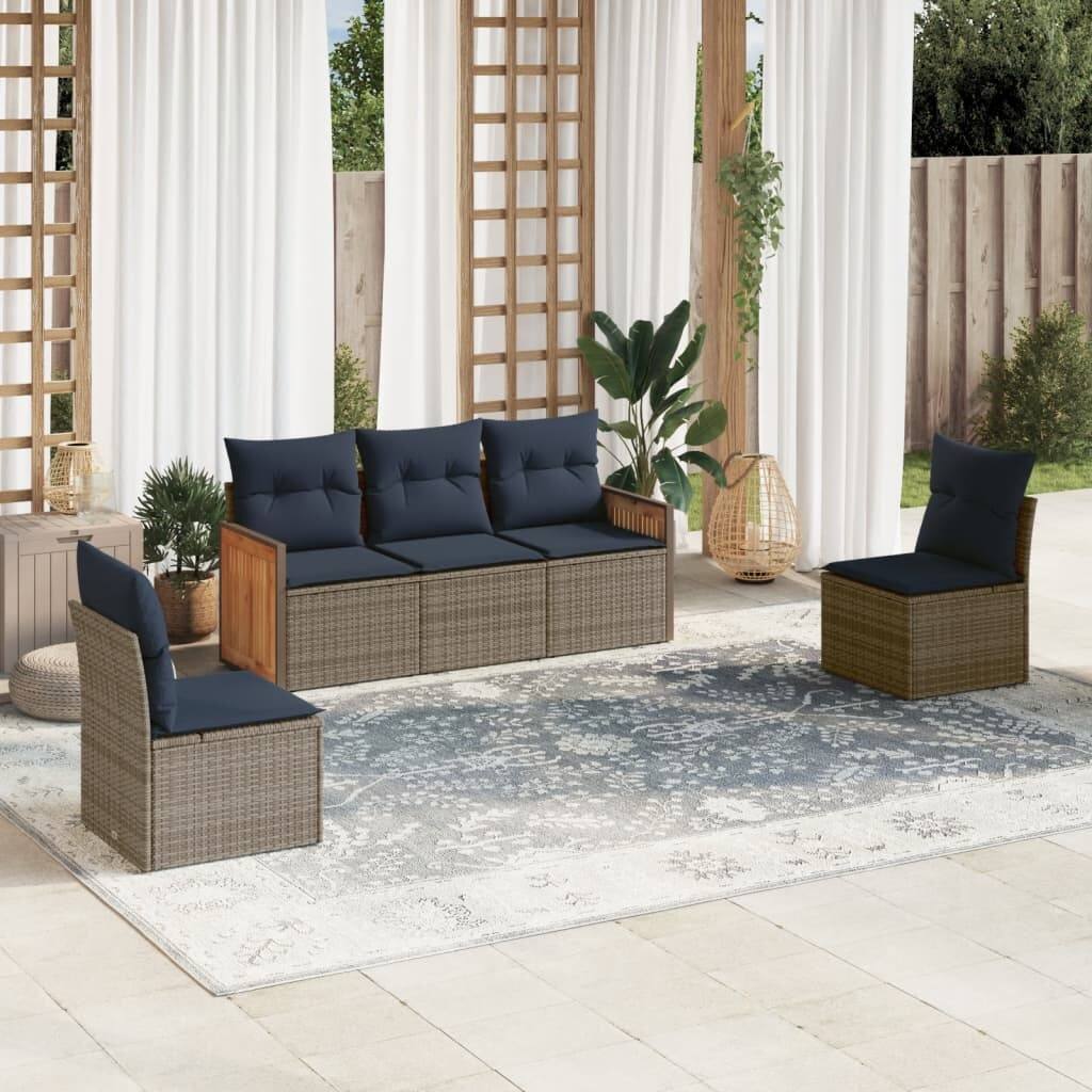 vidaXL 5/6 Piece Patio Sofa Set with Cushions Black/Gray Poly Rattan - 21.7 x 24.4 x 27.2