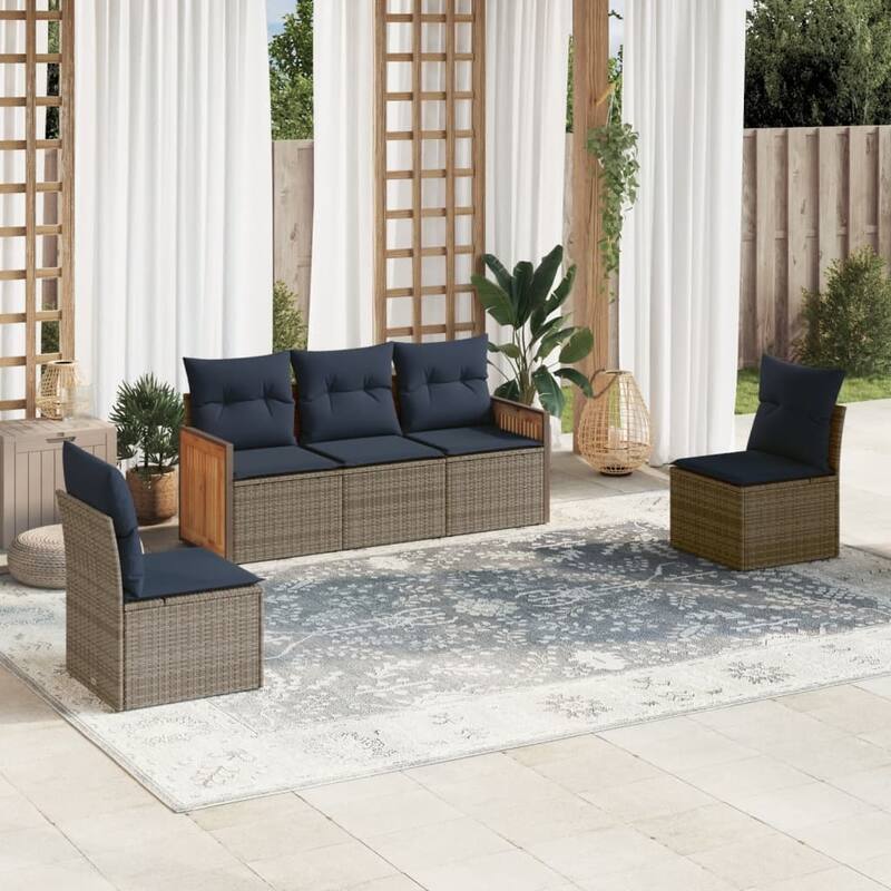 vidaXL 5/6 Piece Patio Sofa Set with Cushions Black/Gray Poly Rattan - 21.7 x 24.4 x 27.2 - Gray Without table