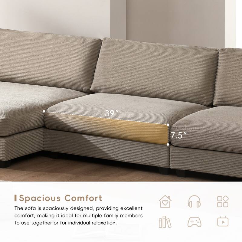 Spacious 4-Seater Corduroy Cloud Couch with Chaise, USB Charging Ports, and Cup Holders