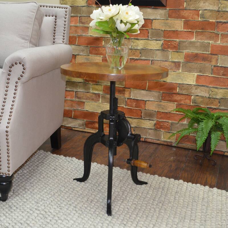 19" Chestnut Brown and Black Adjustable Crank Round Accent Table