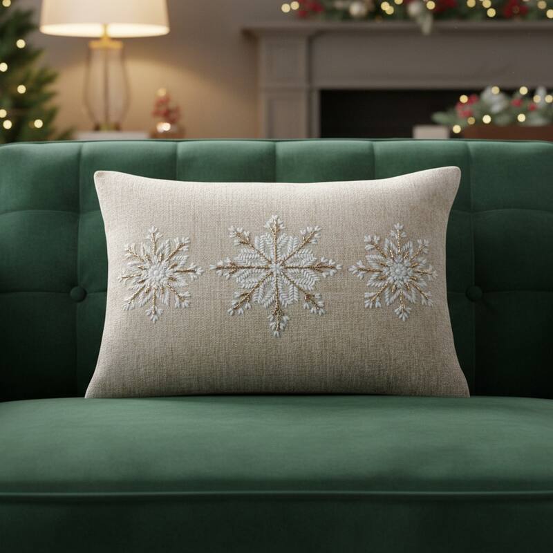 14" X 20" Beige Ivory And Gold Christmas Snowflakes Throw Pillow With Embroidery - Polyester - 20.00 in. x 14.00 in.  x 6.50 in. - Pillow Sets - Gold/Beige/Ivory