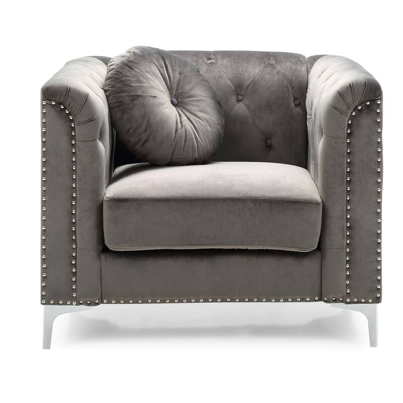 Button Tufted Velvet Accent Chair with Throw Pillow - 38" - Gray