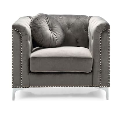 Button Tufted Velvet Accent Chair with Throw Pillow - 38" - Gray
