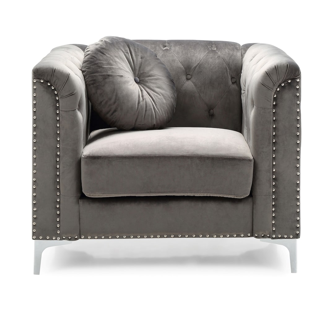 Button Tufted Velvet Accent Chair with Throw Pillow - 38" - Gray
