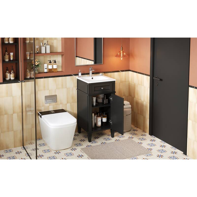 16" Bathroom Vanity with Ceramic Sink, Freestanding Single Vanity Set with Soft Closing Door, Adjustable Shelf, French Style