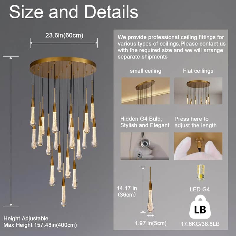 KAYLA Raindrop Chandelier, Modern Glass Pendant Light, Bulb Included