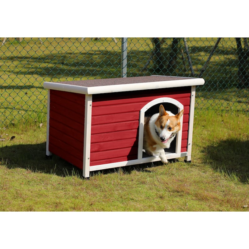 Outdoor Elevated Wooden Dog House with Weatherproof, Opening Roof, Adjustable Plastic Feet, Suitable for Medium and Large Dogs - Red