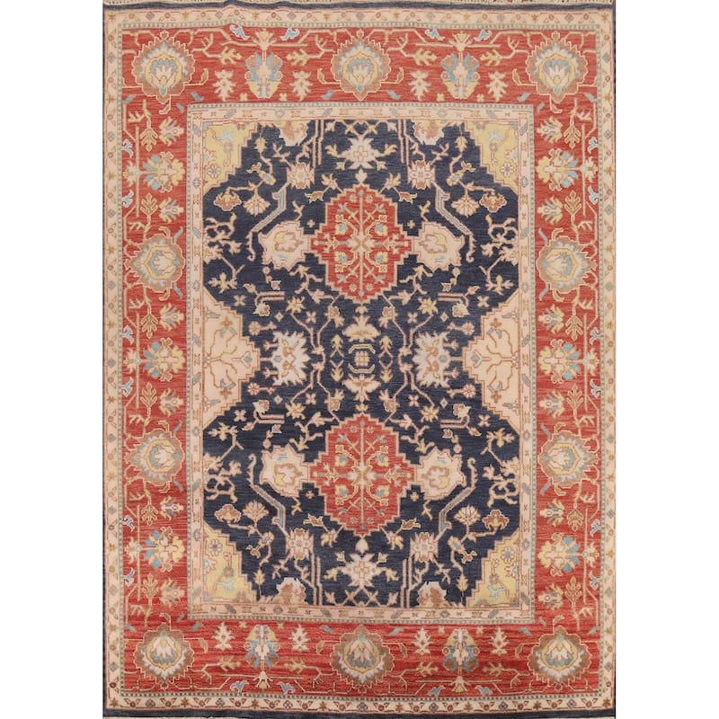 Navy Blue Orange Oushak Indian Area Rug Hand-Knotted Wool Carpet - 8'1" x 9'11"