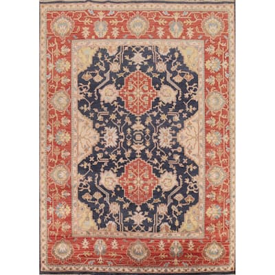 Navy Blue Orange Oushak Indian Area Rug Hand-Knotted Wool Carpet - 8'1" x 9'11"