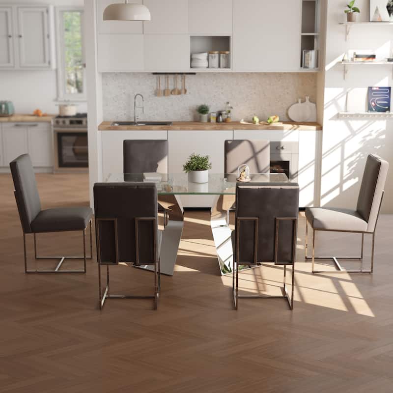 Luxury Gold Dining Table Set with 63 inch Glass Dining Table and White Leather Dining Chairs