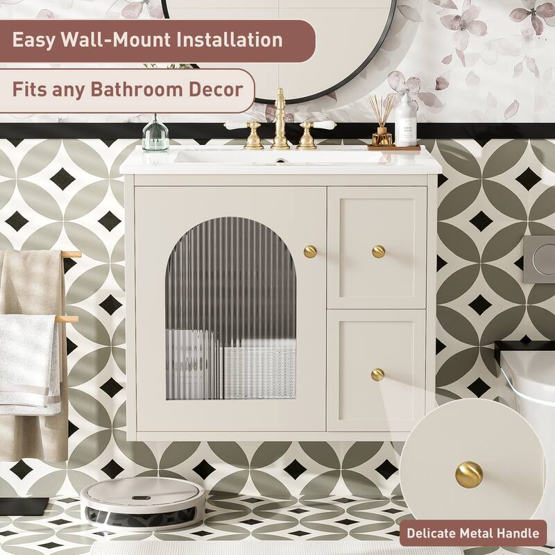 24" Wall Mounted Bathroom Vanity with Ceramic Sink, Floating Bathroom Storage Cabinet with Drawers & Glass Door