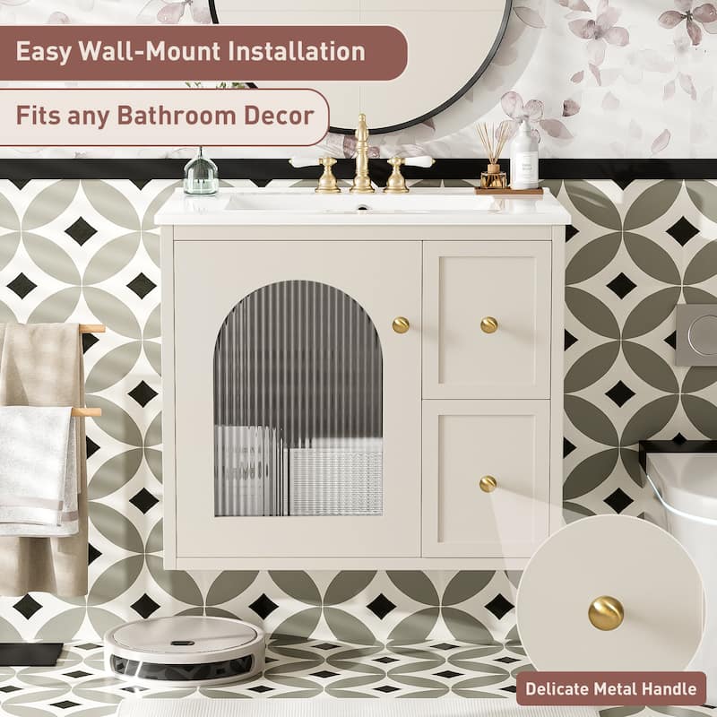 24" Wall-Mounted Bathroom Vanity with Ceramic Sink Combo, Floating Bathroom Storage Cabinet with Glass Doors & 2 Drawers