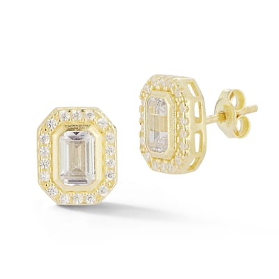 Soleil Sterling Silver Emerald Cut CZ Halo Studs