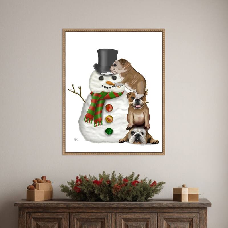 Christmas English Bulldogs Building Snowman by Fab Funky (23 x 28 in.), Framed Canvas Wall Art Print