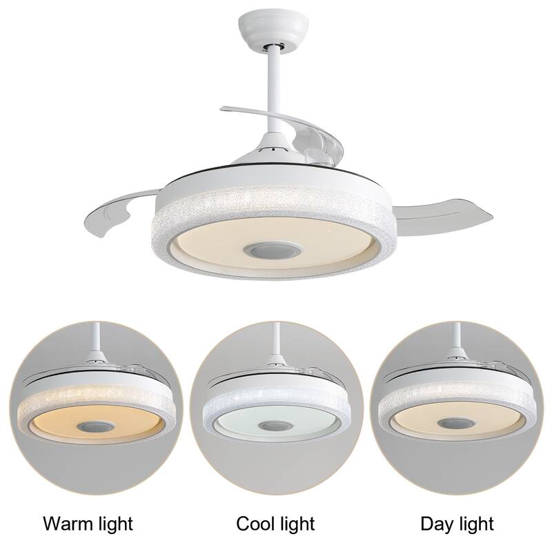 Modern 42 Inch Invisible Ceiling Fan with Bluetooth Player & Retractable ABS Blades, Dimmable LED Ceiling Fan Light, White