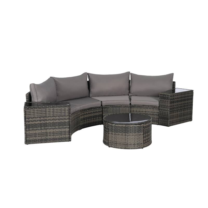 7-Piece Outdoor Patio Half-Moon Sectional Sofa Set with Tempered Glass Coffee Table