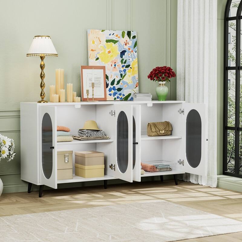 Grondin Modern Minimalist Wooden Sideboard Buffet Storage Cabinet with 4 Acrylic Doors and Interior Adjustable Shelves - White