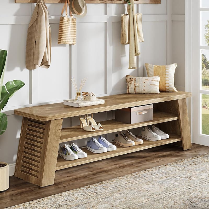3-Tier Entryway Shoe Bench with Storage Shelf for Living Room, Wooden End of Bed Bench for Bedroom, Dining Bench for Dining Room - Brown