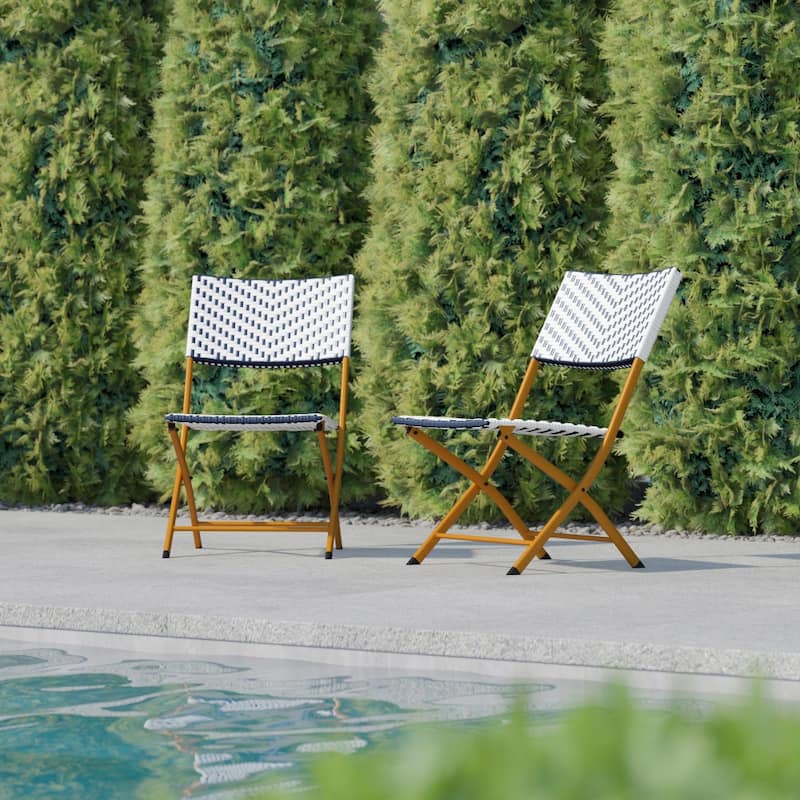 2PC Indoor/Outdoor PE Rattan Folding Bistro Chairs - Navy/White