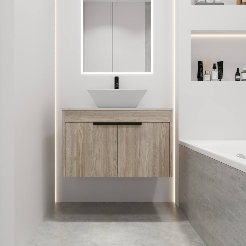 30"Modern Design Float Bathroom Vanity with Ceramic Basin Set,Wall Mounted White Vanity with Soft Close Door