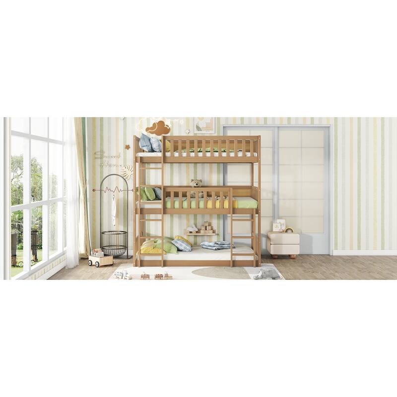 Roomfitters Twin Triple Bunk Bed, Rubber Wood Detachable Design with Ladders and Guardrails, Twin over Twin over Twin