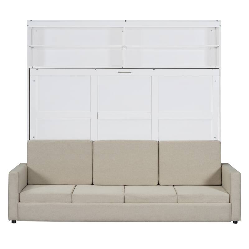 Queen Size Wall Bed with Sofa, Space-Saving Murphy Bed, White