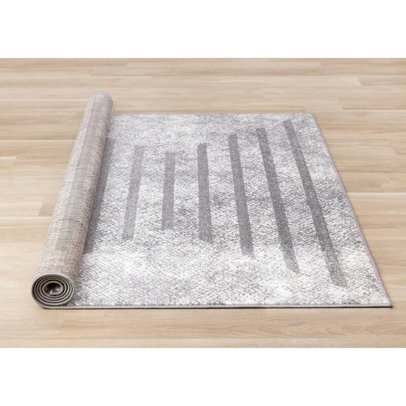 Covington Collection - Distressed Grey White Simple Lines Area Rug