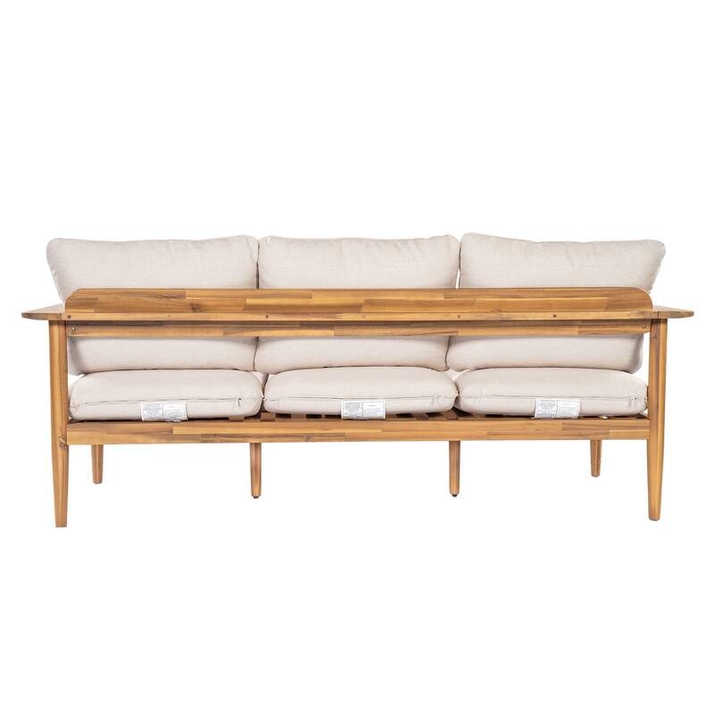 Roomfitters Terassi Outdoor Acacia Wood 3 Seater Sofa with Cushions, Light Teak Finish and Beige