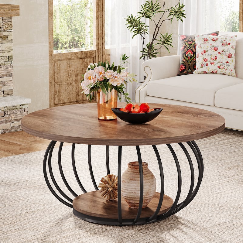 39.4" Rustic Wood Round Coffee Table with 2-Tier Storage - 39.37"D x 39.37" W x 18.11" H