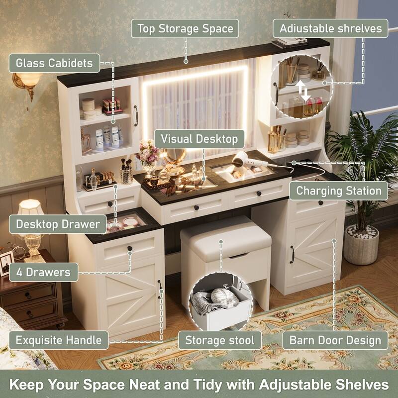 Large Makeup Vanity Desk with Mirror & Lights, Glass Top Vanity Set with Charging Station & Cabinets, Dressing Table with Stool