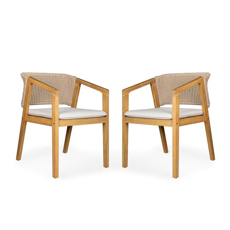 Roomfitters Outdoor Dining Chairs Set of 2, Woven Rope Back with Wood Frame and Cushions, Patio Seating in Natural Beige