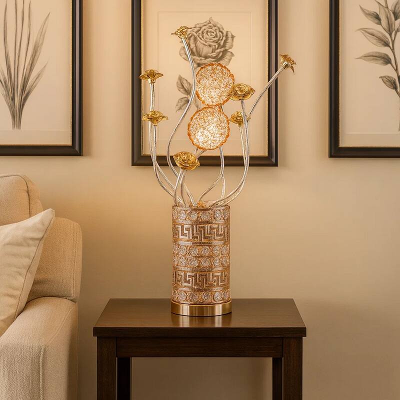 Table Lamp, Rose Bud Floral Vase, Cage Textured Gold Chrome 22 Inch