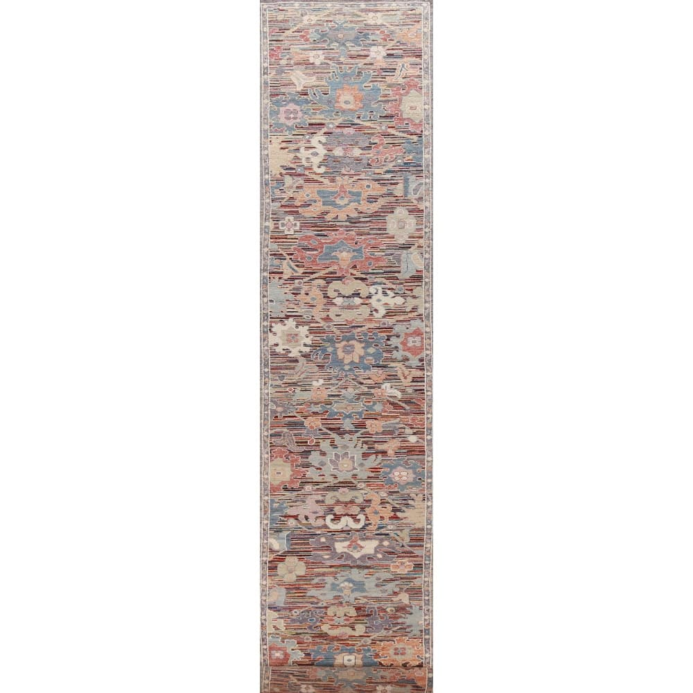 Hand Knotted Oriental 100% Wool Carpet Transitional Floral Multi-Colored Oushak Runner Rug - 19' 5'' X 2' 4''