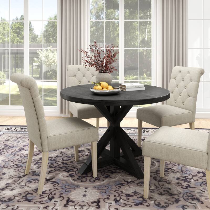 5-Piece, Dining Table Set with Cross-Buck Round Table and 4 Tufted Chairs, for Kitchens and Dining Rooms, TAN