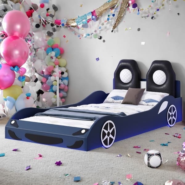 slide 2 of 13, Wood Car-Shaped Twin Size Platform Bed with LED Black