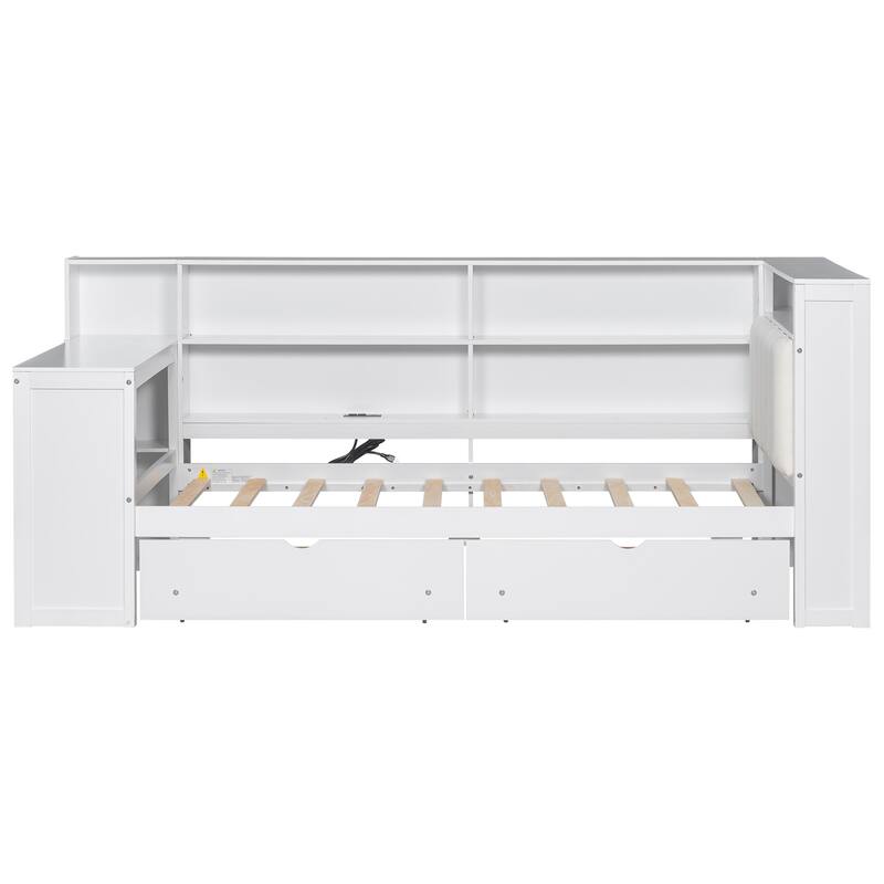 Roomfitters Wood Twin Platform Bed with Storage Shelves, Desk, Drawers and Charging Station, Upholstered Headboard, White