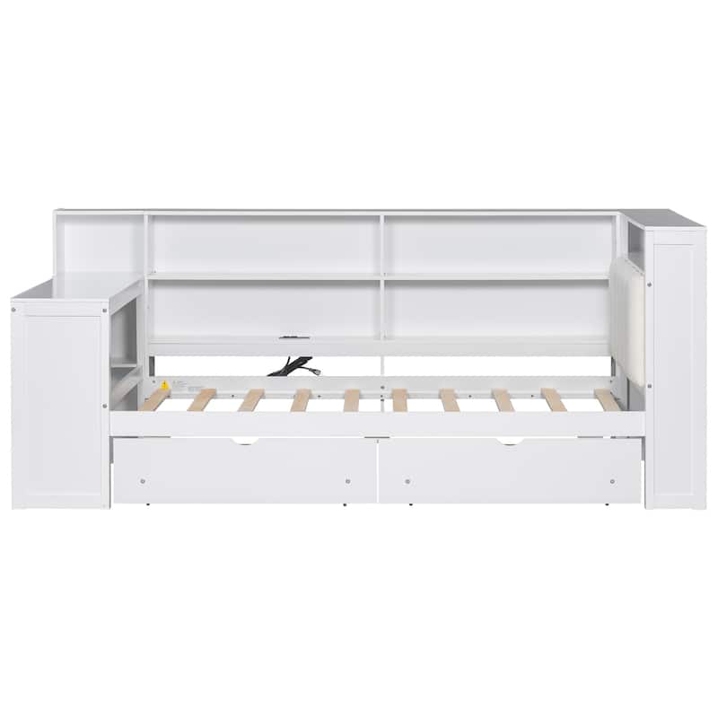 Wood Twin Size Platform Bed With Storage Shelves,Drawers,Charging Station,Led,Desk And Upholstered Headboard