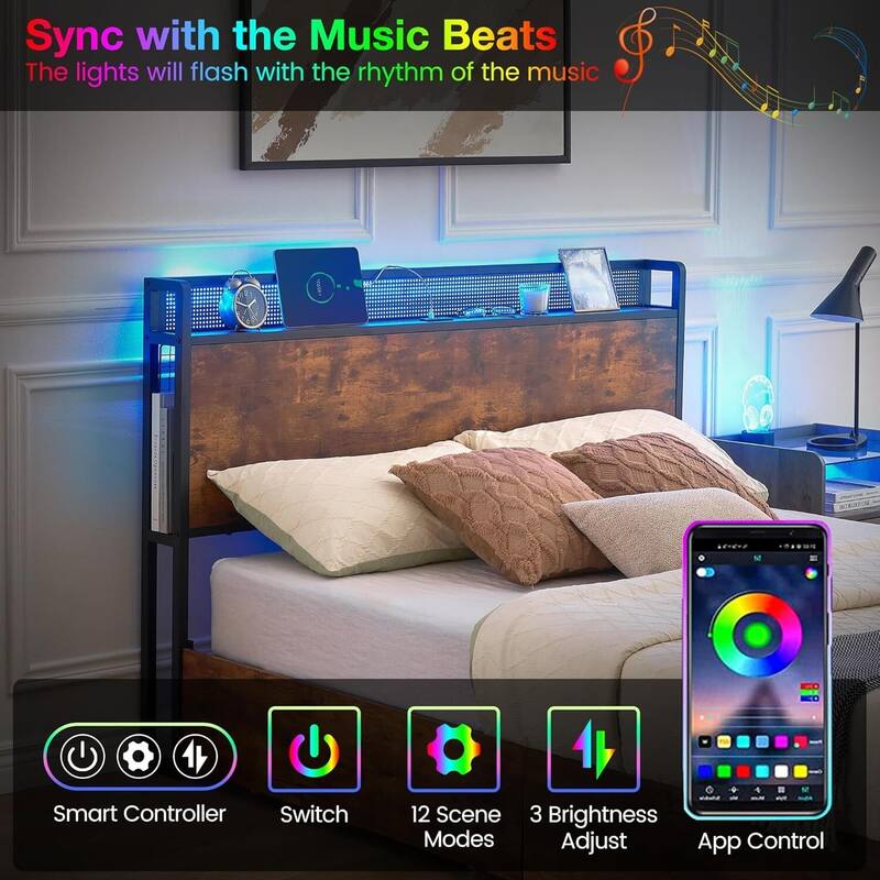 Bed Frame, with RGB LED Light and 4 Storage Drawers