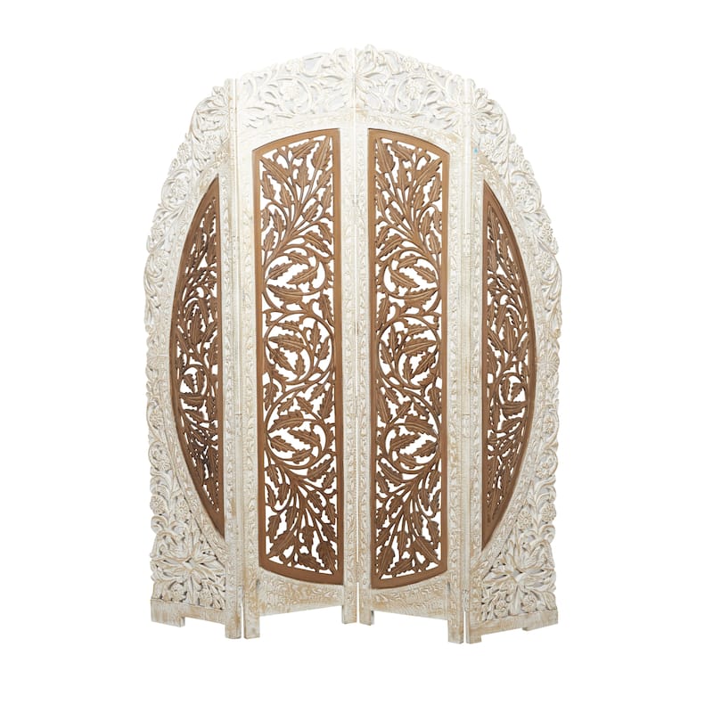 Mango Wood Floral Handmade Foldable Arched Partition 4 Panel Room Divider Screen - Brown - Roche River Decor