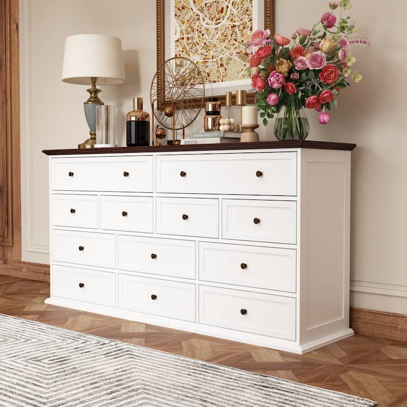 Versatile 12-Drawer Solid Wood Dresser - Brown & White Chest Of Drawer