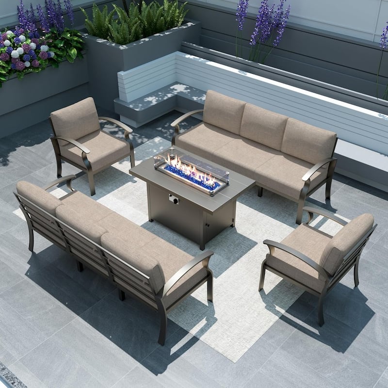 Aluminum Patio Furniture Set with FirePit Ottomans Swivel Chairs,Sectional Sofa with Thick Seat Cushions for Porch Garden - 8-Seats - Khaki