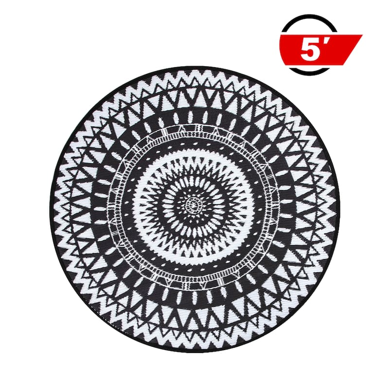 NUU GARDEN Black/ White Indoor/Outdoor Kaleidoscope Round Area Rug