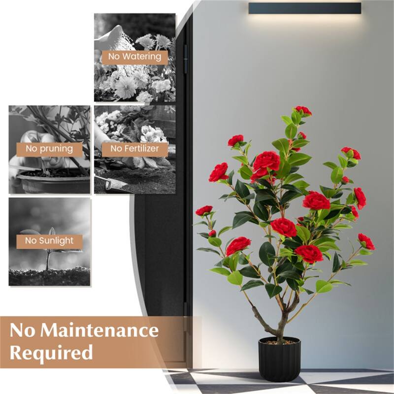Set of 2 Artificial Camellia Trees 36 Inch Lifelike Indoor Decorative Plants with Cement Pots - 5" x 36"