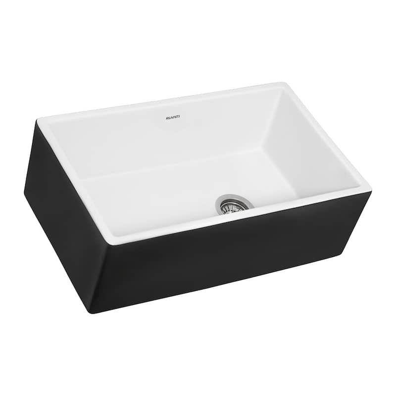 Ruvati 30-inch Fireclay Farmhouse Offset Drain Kitchen Sink Single Bowl Black and White Dual Color RVL4018RBW - 8' x 11'