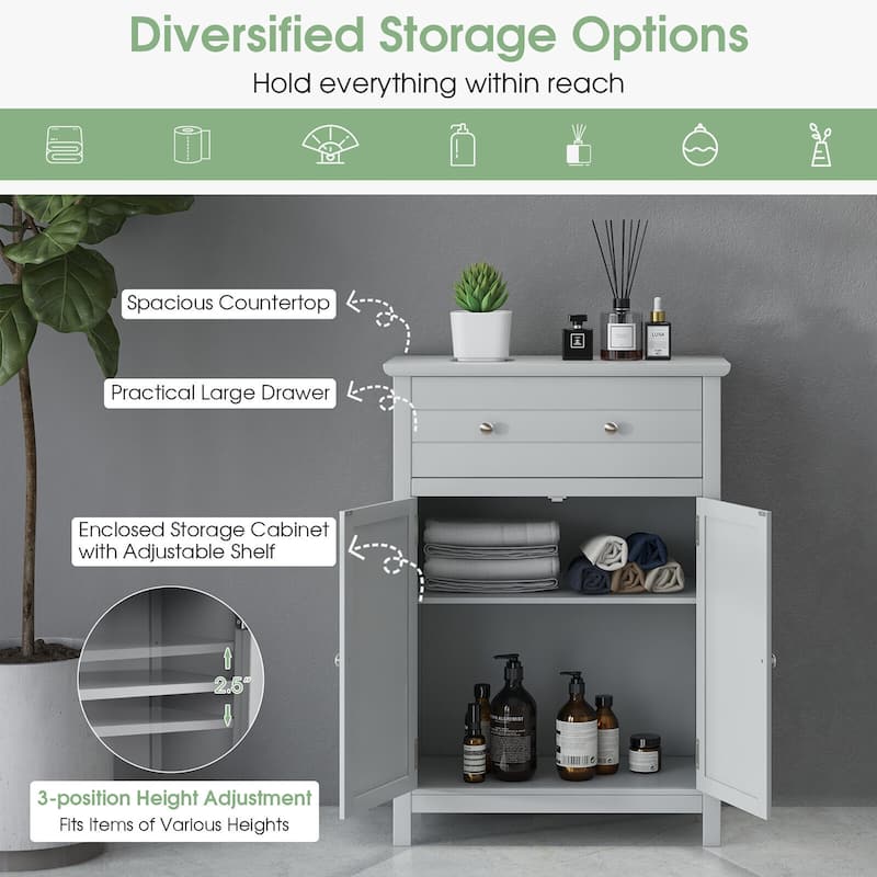 Gymax Bathroom Floor Cabinet Wooden Storage Organizer with Drawer &