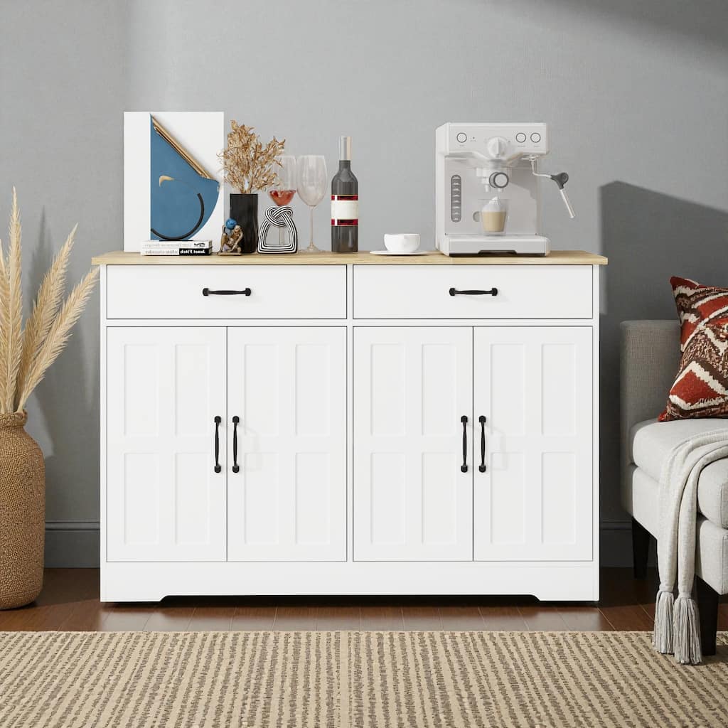 47.95" Farmhouse Buffet Sideboard Cabinet with 2 Drawers and 4 Doors, White Storage Cabinet for Dining Room or Living Room
