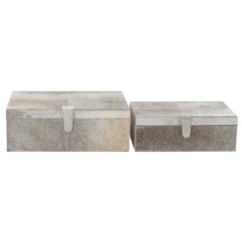 Leather Handmade Decorative Box with Hinged Lid - Set of 2 Gray, Brown, Dark Brown, Gold, Silver - Roche River Decor - Gray - 17", 14"W