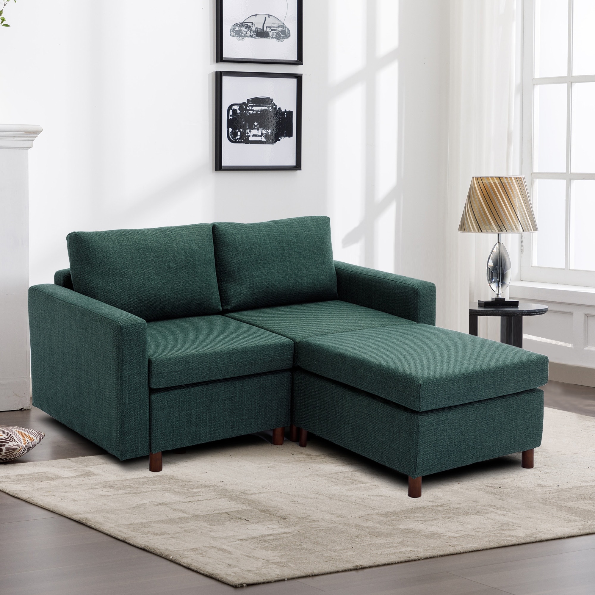 2 Seat Square Armrest Module Sofa Set with Movable Sponge Ottomans