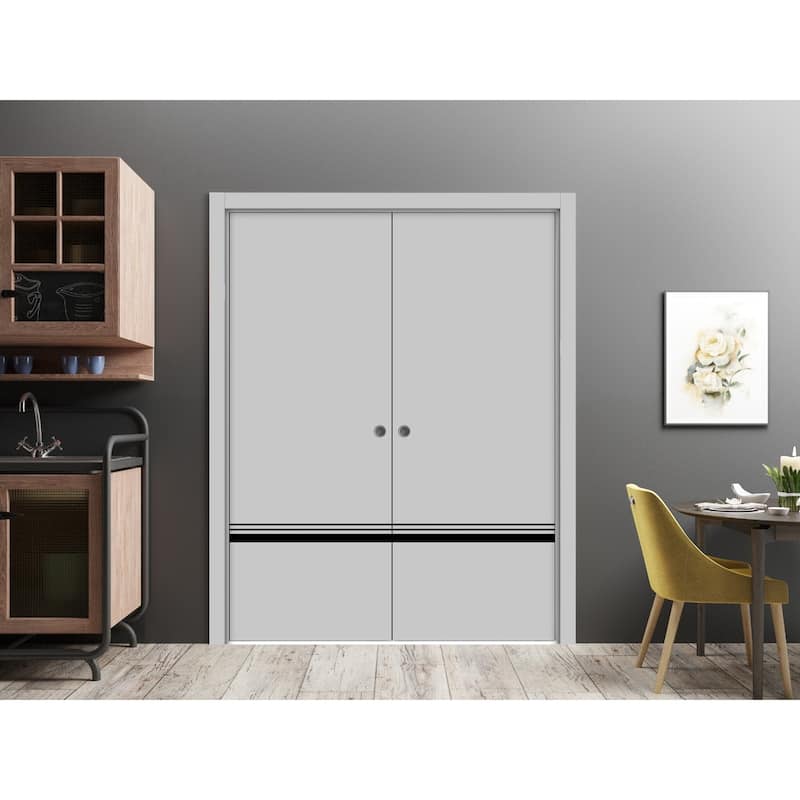 French Double Pocket Doors 36x80 Planum 0012 Grey Matte Kit Trims Rail